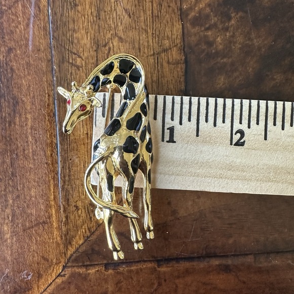 Vintage Pair 2 Giraffe Brooch Pin 2.75 Inch Rhinestones Black Enamel Gold Plated - Picture 14 of 14